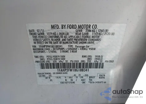 2011 Ford Taurus Limited from USA, damaged, VIN 1FAHP2FW1BG188341